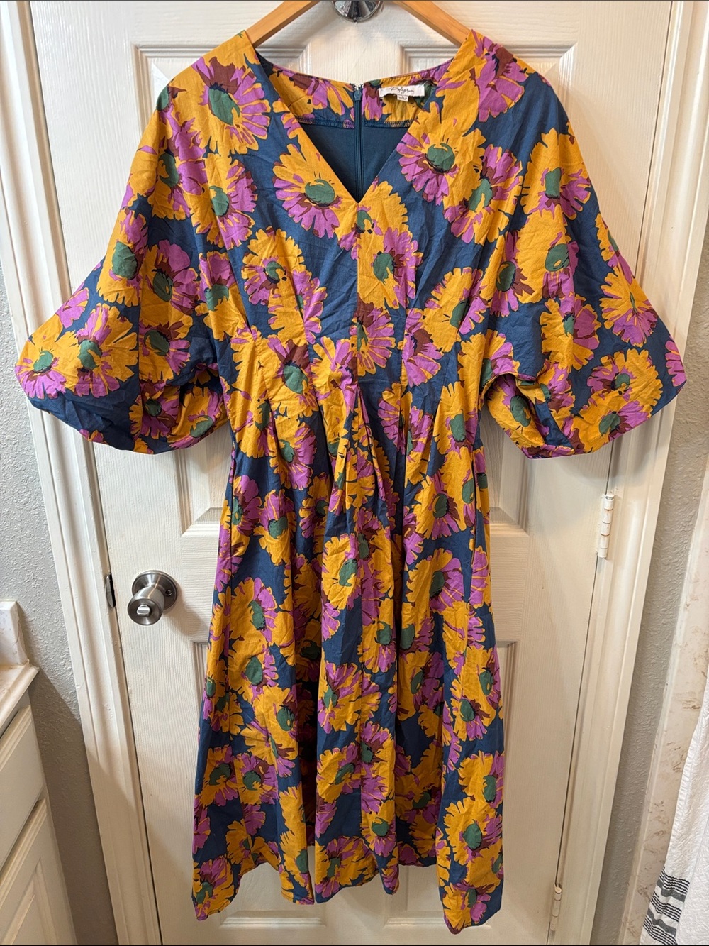 Polagram Floral V Neck Midi Dress Puff Sleeve Boho Cottagecore Modest Size S
